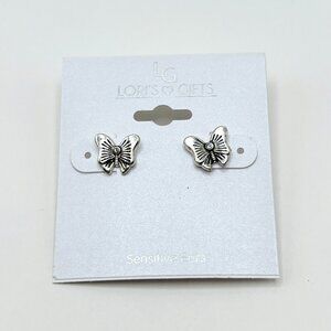 Lori’s Gifts Silver Tone Butterfly Stud Earrings Rhinestone Accent Sensitive Ear